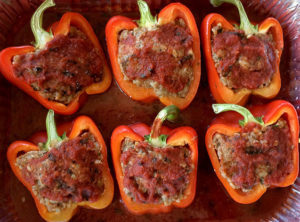 Organic Bell Peppers stuffed with Grass Fed Beef Pastured Pork and Organic Brown Rice
